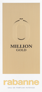 Złote, prostokątne opakowanie perfum Rabanne Million Gold Intense, z wytłoczonym '0' i czarnym napisem.