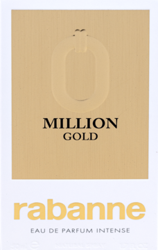 Próbka Rabanne Million Gold Intense, złota karta z wytłoczonym symbolem 0 i czarnymi napisami. Widok z przodu.