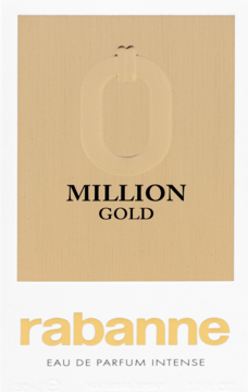 Złote opakowanie Rabanne Million Gold Eau de Parfum Intense dla mężczyzn, z wytłoczonym '0' i czarnym napisem, widok z przodu na białym tle.