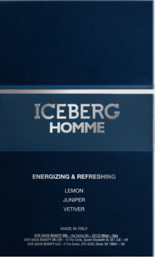 Ciemnoniebieskie opakowanie wody toaletowej Iceberg Homme, srebrny napis, opis nut: cytryna, jałowiec.