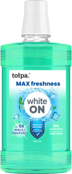Płyn Tołpa White ON MAX freshness w turkusowej butelce, widok z przodu, antybakteryjny, 0% alkoholu.