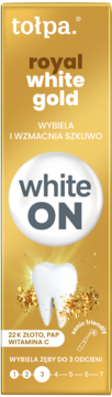 Tołpa Royal White Gold pasta do zębów w złotym opakowaniu z napisem "white ON", wybiela i wzmacnia szkliwo.