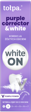 Fioletowa pasta do zębów Tołpa Purple Corrector & White, z białym napisem i grafiką zęba, widok z przodu.