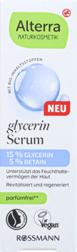 Białe opakowanie Alterra Naturkosmetik Glycerin Serum 15% z zielonym logo, wegańskie i bezzapachowe.