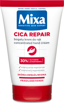 Mixa Cica Repair skoncentrowany krem do rąk z gliceryną i pantenolem, biała tubka, widok z przodu.