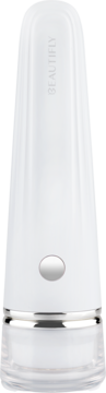 Biały antytrądzikowy masażer Beautyfly B-Glossy Acne Young, z srebrnym przyciskiem, widok z przodu.
