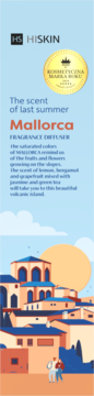 Hiskin Mallorca Fragrance Diffuser. Banner z tekstem "The scent of last summer" i ilustracją słonecznego miasta.