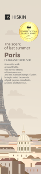 Hiskin Paris FRAGRANCE DIFFUSER, grafika reklamowa z Wieżą Eiffla, na beżowym tle, złota pieczęć 2023.