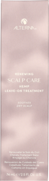 Alterna Renewing Scalp Care Hemp Leave-On Treatment w bladoróżowej butelce, widok z przodu. Łagodzi suchą skórę głowy.