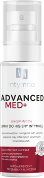 Biały spray do higieny intymnej AA Intymna Advanced Med+, czerwone akcenty, widok z przodu.