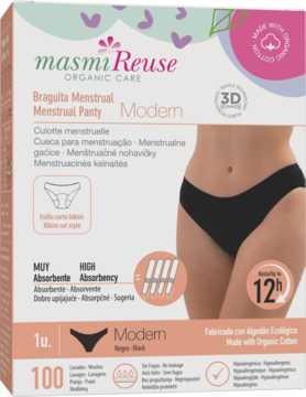 Front view of Masmi Reuse Modern black menstrual panty in box, highlighting organic cotton and high absorbency.