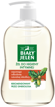 Biały Jeleń Żel do Higieny Intymnej w białej butelce z pompką, widok z przodu. Na etykiecie dąb i napisy.