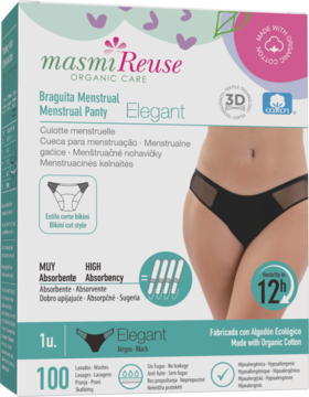Białe pudełko Masmi Reuse Elegant czarnych majtek menstruacyjnych, z informacją o 12h chłonności i 100 praniach.