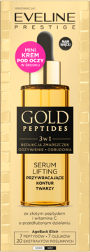 Eveline Gold Peptides serum liftingujące z pipetą, widok z przodu, złote opakowanie z mini kremem pod oczy.