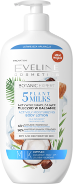 Biała butelka Eveline Botanic Expert 5 Plant Milks, aktywne mleczko do ciała z pompką.