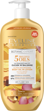 Eveline Botanic Expert 5 Precious Oils Ultra-Nourishing Body Oil in Lotion w złotej butelce z pompką.