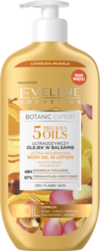 Eveline Botanic Expert 5 Precious Oils Ultra-Nourishing Body Oil in Lotion w złotej butelce z pompką.