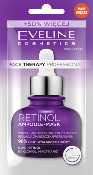Eveline Retinol Ampoule-Mask, fioletowa maseczka do twarzy z pipetą, z retinolem i niacynamidem, widok z przodu.