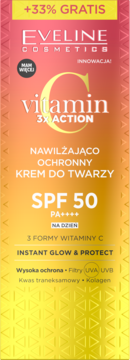 Eveline Vitamin C 3xAction krem do twarzy SPF 50 z 3 formami witaminy C, kolagenem, w pomarańczowej tubie.
