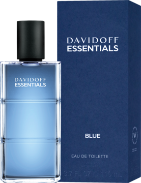 Davidoff Essentials Blue woda toaletowa dla mężczyzn, jasnoniebieska butelka i ciemnoniebieskie pudełko, widok z przodu.