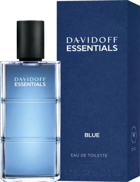 Davidoff Essentials Blue woda toaletowa dla mężczyzn, jasnoniebieska butelka i ciemnoniebieskie pudełko, widok z przodu.