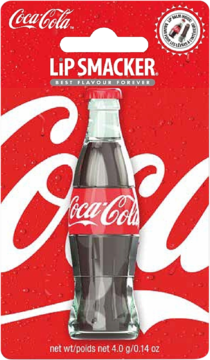 Balsam do ust Lip Smacker Coca-Cola w kształcie butelki, czerwone opakowanie z logo, widok z przodu.