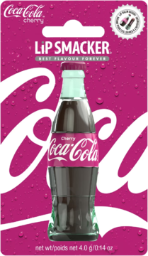 Lip Smacker Coca-Cola Cherry, balsam do ust w kształcie butelki na fuksjowym kartoniku z logo, przód.