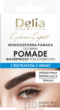 Delia Eyebrow Expert wodoodporna pomada do brwi Ciemny Brąz 3.0 z henną, białe opakowanie z okiem.
