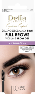 Delia Eyebrow Expert Full Brows Volume Brow Gel 1.0 Black. Close-up: eye, dark brow, applicator. Microfiber formula.