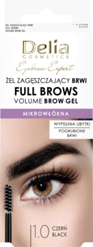 Delia Eyebrow Expert Full Brows Volume Brow Gel 1.0 Black. Close-up: eye, dark brow, applicator. Microfiber formula.