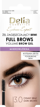 Delia Full Brows Volume Brow Gel Dark Brown 3.0, oko z brwiami i aplikator żelu zagęszczającego. Białe opakowanie.
