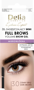 Delia Full Brows Volume Brow Gel Dark Brown 3.0, oko z brwiami i aplikator żelu zagęszczającego. Białe opakowanie.