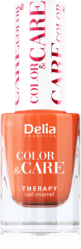 Delia Cosmetics Color&Care therapy nail enamel, pomarańczowy, w szklanej butelce z białym korkiem, widok z przodu.