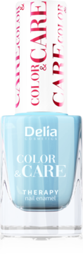 Pielęgnacyjny lakier Delia Cosmetics Color&Care Therapy, jasnoniebieski, w szklanej butelce, widok z przodu.