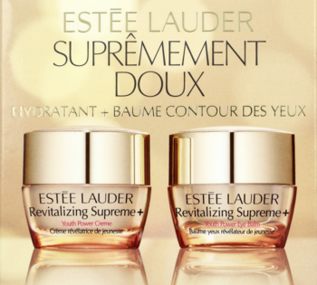 Rewitalizujący krem i balsam pod oczy Estée Lauder Supreme+ w złoto-brązowych słoiczkach, widok z przodu.