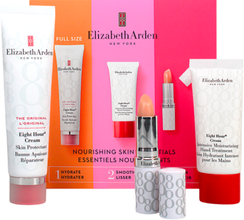Zestaw Elizabeth Arden Eight Hour Cream: krem ochronny, krem do rąk i balsam do ust na tle ombre.