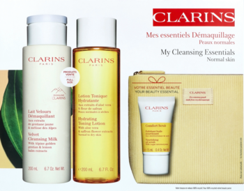 CLARINS ,zestaw kosmetyków do oczyszczania twarzy, mleczko oczyszczające + balsam tonizujący +  peeling + kosmetyczka, skóra normalna i sucha,przód