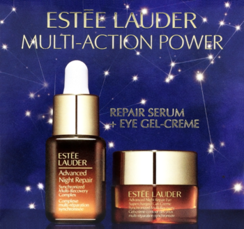 Zestaw Estée Lauder Advanced Night Repair: serum w butelce z zakraplaczem i krem pod oczy w słoiczku, nocna pielęgnacja.