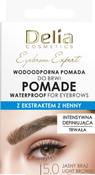 Delia Eyebrow Expert wodoodporna pomada do brwi z henną, jasny brąz, opakowanie, widok z przodu.