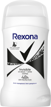 Biały antyperspirant Rexona Invisible 48h w sztyfcie, czarne logo, wzory i ikony, widok z przodu.