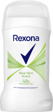 Biały antyperspirant Rexona w sztyfcie, Aloe Vera Scent 48h Dry Protection, widok z przodu.