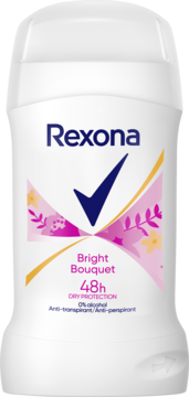 Antyperspirant Rexona Bright Bouquet w białym sztyfcie, 48h ochrony, z niebieskim logo i kwiatowym wzorem.