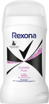 Biały antyperspirant Rexona Invisible Pure w sztyfcie, 48h ochrony, chroniący przed plamami, widok z przodu.