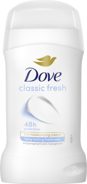 Biały sztyft Dove Classic Fresh antyperspirant z 48h ochroną i 1/4 kremu nawilżającego, widok z przodu.