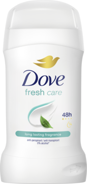 Dove Fresh Care antyperspirant w sztyfcie, białe opakowanie z zielonymi detalami, 48h ochrona, widok z przodu.