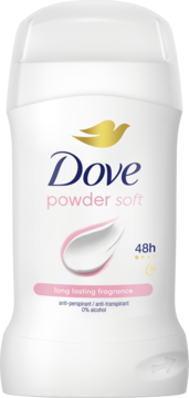 Antyperspirant Dove Powder Soft w białym sztyfcie, z różowymi detalami, pudrowy zapach, widok z przodu.