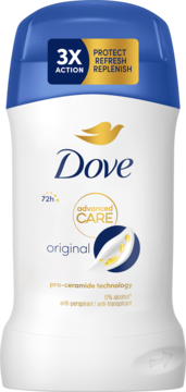 Biały antyperspirant Dove Advanced Care Original, sztyft z niebieską nakrętką, 72h i 3X Action, widok z przodu.
