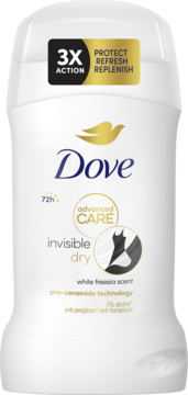 Biały antyperspirant Dove Advanced Care Invisible Dry, 72h, biała frezja, ochrona przed plamami, z przodu.
