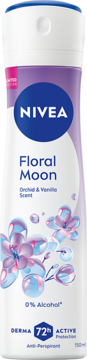 NIVEA Floral Moon antyperspirant w sprayu, 72h, Orchid & Vanilla Scent, 0% alcohol, biała butelka z kwiatami.