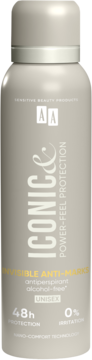 AA Iconic & Power-Feel Protection, beżowy antyperspirant w sprayu, widok z przodu, srebrny korek.